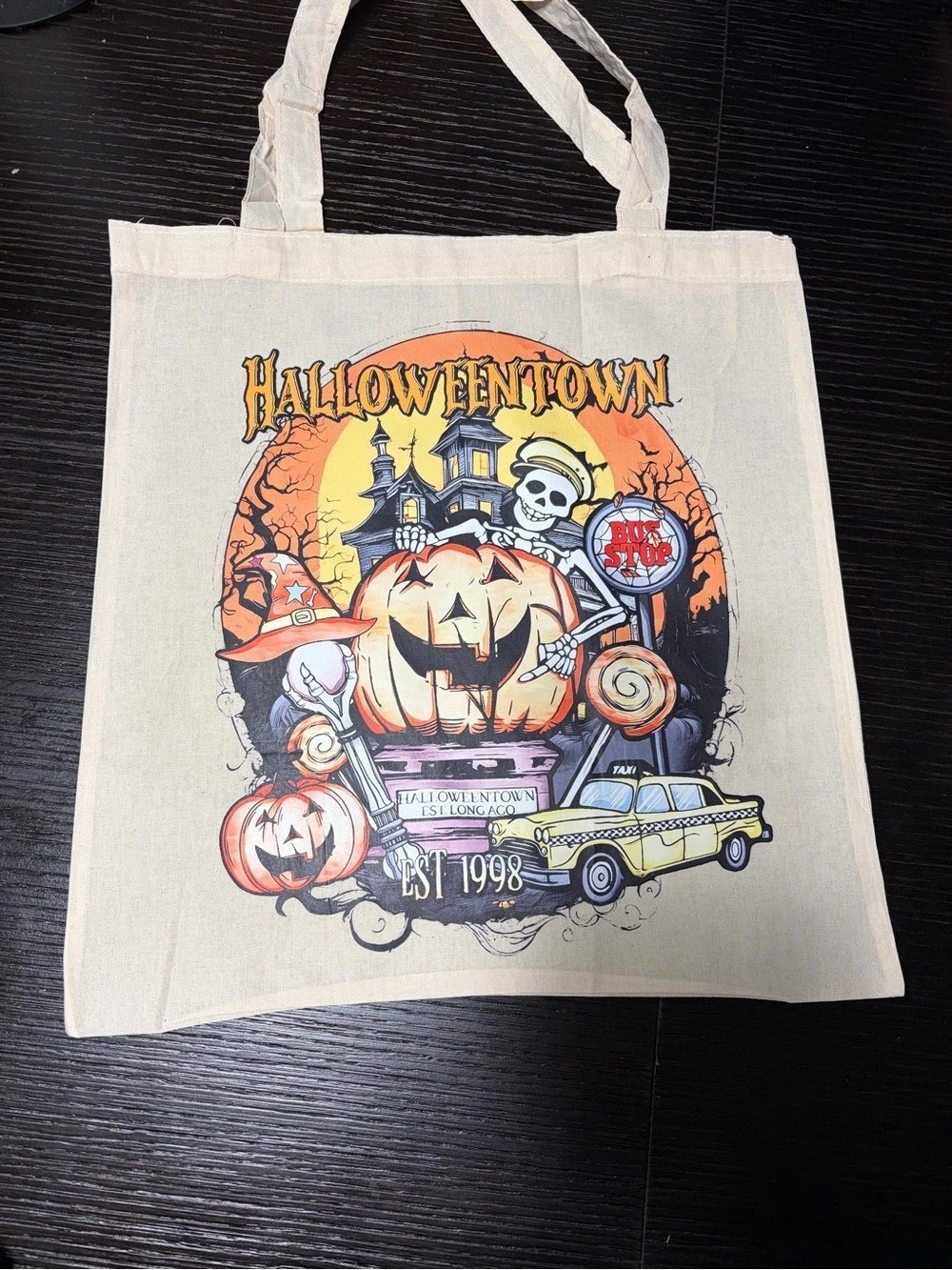Halloween Town Graphic Tote Bag in Cream & Orange